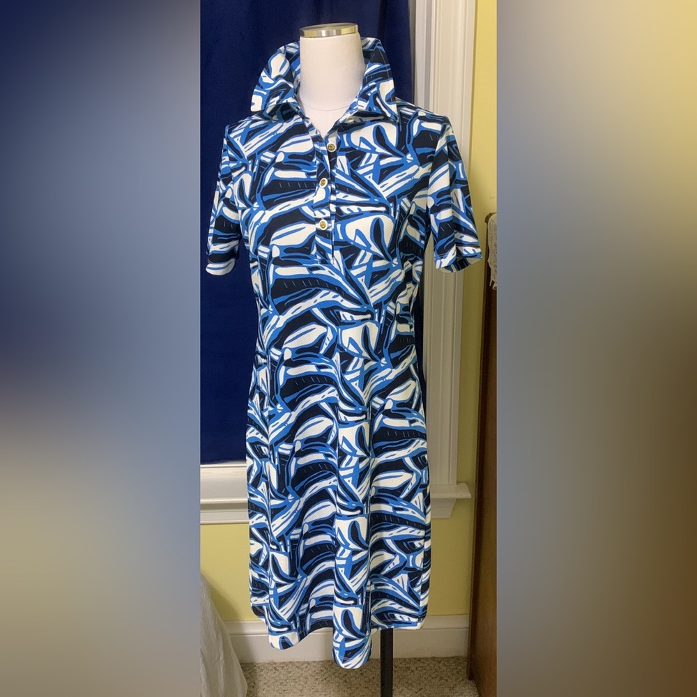 Modern Peck&Peck Dress M Graphic Shirt Shift Casual Blue Black White Collar